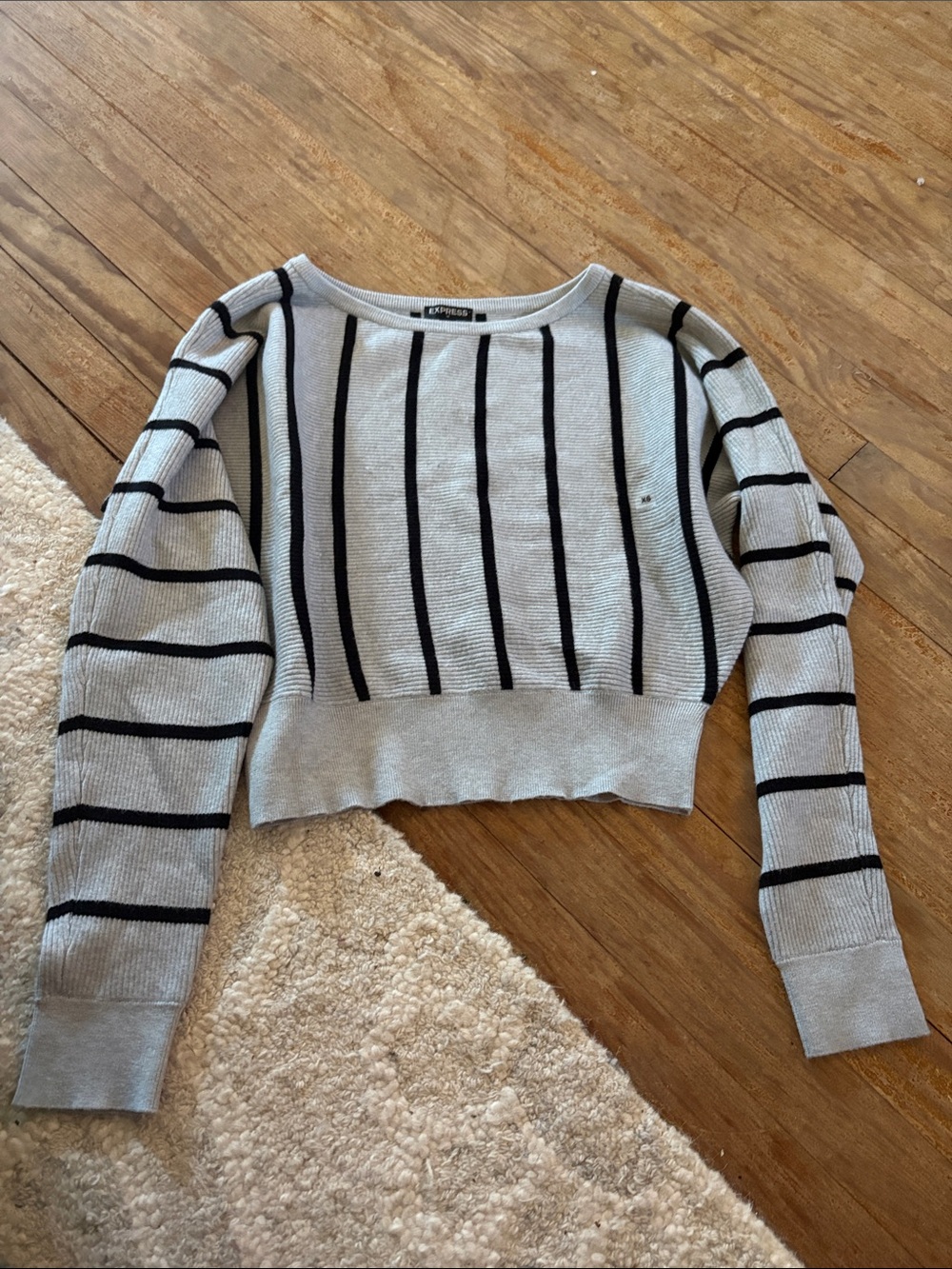 Express Light Gray Cropped Sweater with Black Stripes
